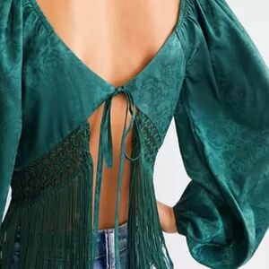 Willow & Root Satin Fringe Tie Back Emerald Blouse Size L